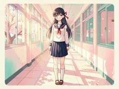 A teenage anime girl in a classic navy-and-white Japanese school uniform stands confidently in a sunlit school corridor, cherry blossom petals drifting through open windows, her long dark hair tied with a red ribbon, soft morning light streaming from the left casting gentle shadows on the tiled floor, warm and nostalgic atmosphere. Indie pastel zine illustration with soft cream paper texture and candy-pink and teal accents, palette anchored on #FFF6E5, #FF6B9D, #4FB3D9, and #2D1B47, lit by diffuse daylight with gentle backlit highlights. Style: pastel zine. Mood: warm playful.