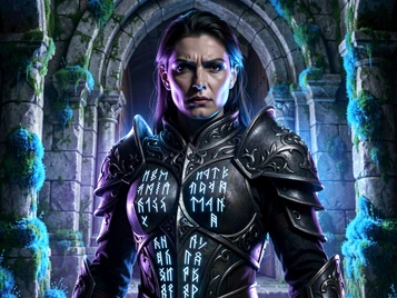 A fantasy character portrait template showing a person in elaborate dark elven armor with silver runes etched into the breastplate, standing at the entrance of an ancient stone temple overgrown with glowing blue moss. The face is fully rendered with sharp, defined features and a determined expression. Cool blue-violet magical light emanates from the runes and illuminates the face from below, creating dramatic upward shadows. The atmosphere is mystical and epic, rendered in detailed photorealistic fantasy style. Fantaios.ru visual style: crisp, modern, high-fidelity photorealism with a clean white-dominant palette and precise edge rendering.