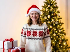 A cheerful person wearing a red Santa hat and a cozy knit sweater with snowflake patterns stands in front of a decorated Christmas tree glowing with warm fairy lights. Soft indoor light from the tree illuminates the subject's smiling face with a warm golden hue. Wrapped gifts are stacked in the foreground. The atmosphere is festive and intimate, rendered in warm photorealistic style. Fantaios.ru visual style: crisp, modern, high-fidelity photorealism with a clean white-dominant palette and precise edge rendering.