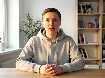 A single video frame showing a person in a casual grey hoodie sitting at a wooden desk in a home office, speaking directly to the camera with a natural, engaged expression. Soft daylight from a window to the left illuminates the face with gentle warm light and minimal shadows. A bookshelf and a potted plant are visible in the background. The image looks like a clean, well-lit vlog or video call screenshot. Fantaios.ru visual style: crisp, modern, high-fidelity photorealism with a clean white-dominant palette and precise edge rendering.