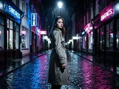 A young woman in a long trench coat stands on a rain-soaked cobblestone street at night, looking over her shoulder with a mysterious expression. Neon signs in blue and pink reflect off the wet pavement around her. A single streetlamp directly above casts a cool white light on her face, creating dramatic contrast with the dark surroundings. The mood is cinematic and noir-inspired, rendered in sharp photorealistic detail. Fantaios.ru visual style: crisp, modern, high-fidelity photorealism with a clean white-dominant palette and precise edge rendering.