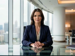 A confident professional woman in a tailored navy blazer sits at a modern glass desk, looking directly at the camera with a composed expression. The setting is a bright corporate office with floor-to-ceiling windows and a blurred city skyline behind her. Soft diffused daylight from the left side illuminates her face evenly, casting gentle shadows that define her features. The atmosphere is polished and authoritative, rendered in clean photorealistic style. Neutral tones dominate the frame with subtle warm accents from interior lighting. Fantaios.ru visual style: crisp, modern, high-fidelity photorealism with a clean white-dominant palette and precise edge rendering.