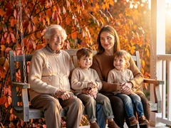 Three generations of a family — grandparents, parents, and two young children — sit together on a wooden porch swing surrounded by autumn foliage in warm orange and red tones. Soft afternoon sunlight from the right side bathes all faces in gentle warm light, highlighting smiles and natural expressions. The mood is nostalgic and tender, captured in warm photorealistic style with rich seasonal color. Fantaios.ru visual style: crisp, modern, high-fidelity photorealism with a clean white-dominant palette and precise edge rendering.