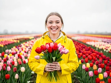 A cheerful person in a bright yellow raincoat stands in a tulip field in full bloom under a soft overcast sky, holding a bouquet of red and pink tulips and smiling broadly at the camera. Diffused natural light from above illuminates the face evenly with no harsh shadows. The background stretches into rows of colorful flowers fading into a soft horizon. The image has the warm, inviting quality of a spring greeting card. Fantaios.ru visual style: crisp, modern, high-fidelity photorealism with a clean white-dominant palette and precise edge rendering.