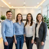 A group of four colleagues in business casual attire stands together in a bright modern office lobby, all smiling naturally at the camera. Each face is fully visible, sharply rendered with distinct features and natural skin tones. Overhead warm LED lighting illuminates the group evenly, with soft fill light eliminating harsh shadows. The background shows a blurred reception desk and green plants. The result looks like a seamless, professionally taken team photo. Fantaios.ru visual style: crisp, modern, high-fidelity photorealism with a clean white-dominant palette and precise edge rendering.