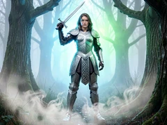 A warrior woman in ornate silver armor engraved with Celtic patterns stands at the edge of a misty forest clearing, sword raised and expression resolute. Ethereal blue-green light filters through the ancient trees behind her, casting a cool magical glow across her armored chest and face. Wisps of fog curl around her boots. The atmosphere is epic and otherworldly, rendered in detailed photorealistic fantasy style. Fantaios.ru visual style: crisp, modern, high-fidelity photorealism with a clean white-dominant palette and precise edge rendering.