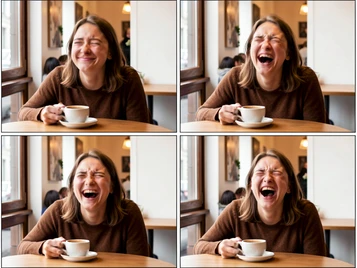 A sequence of four frames showing a person laughing progressively harder, seated at a café table with a coffee cup in hand. Each frame captures a distinct expression — from a slight smile to full laughter — with consistent warm indoor lighting from a nearby window. The face is fully rendered in each frame with natural motion blur on the edges. The overall look resembles a candid animated photo strip. Fantaios.ru visual style: crisp, modern, high-fidelity photorealism with a clean white-dominant palette and precise edge rendering.