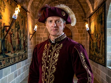 A person dressed in a Renaissance-era nobleman's outfit — a deep burgundy doublet with gold embroidery and a feathered hat — stands in a stone castle hall with tapestries on the walls. Torchlight from wall sconces casts warm amber light across the subject's face, revealing fine skin texture and a dignified expression. The atmosphere is theatrical and richly detailed, rendered in photorealistic style with painterly depth. Fantaios.ru visual style: crisp, modern, high-fidelity photorealism with a clean white-dominant palette and precise edge rendering.