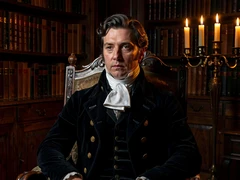 A person dressed in 19th-century aristocratic attire — a dark velvet coat with gold buttons and a white cravat — sits in a carved wooden chair inside a dimly lit study lined with leather-bound books. Candlelight from a nearby candelabra casts warm amber light across the subject's face, highlighting cheekbones and casting deep shadows on the background. The mood is solemn and painterly, rendered with photorealistic texture. Fantaios.ru visual style: crisp, modern, high-fidelity photorealism with a clean white-dominant palette and precise edge rendering.