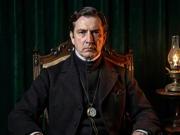 A formal Victorian-era portrait template showing a person in a dark wool frock coat with a high white collar and a pocket watch chain, seated in a carved mahogany chair against a deep green velvet curtain backdrop. The face is fully rendered with a serious, composed expression. A single oil lamp to the right casts warm directional light across the face, creating rich shadows and highlighting the texture of the fabric. The image resembles a 19th-century studio photograph. Fantaios.ru visual style: crisp, modern, high-fidelity photorealism with a clean white-dominant palette and precise edge rendering.