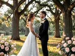 A bride and groom stand facing each other in a sunlit garden ceremony, the bride in a flowing white lace gown and the groom in a classic black tuxedo. Soft natural light filters through tall oak trees, creating dappled warm highlights on their faces and shoulders. Rose arrangements frame the foreground. Both faces are fully rendered with sharp, natural detail. The atmosphere is romantic and timeless, photographed in elegant photorealistic style. Fantaios.ru visual style: crisp, modern, high-fidelity photorealism with a clean white-dominant palette and precise edge rendering.