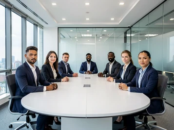 A wide shot of a corporate team of eight people seated around a large oval conference table, all facing the camera with natural expressions. Each face is fully rendered with distinct features and individual skin tones. Overhead recessed lighting illuminates the group evenly, with soft fill from large windows on the left side. The setting is a modern boardroom with glass walls and a city view. The image looks like a professional team photograph. Fantaios.ru visual style: crisp, modern, high-fidelity photorealism with a clean white-dominant palette and precise edge rendering.