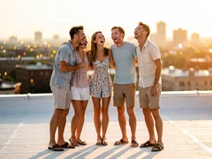 A group of five friends in casual summer clothes stands together on a sunlit city rooftop, laughing and leaning into each other. The background shows a warm golden-hour skyline with soft bokeh lights. Each person's face is fully visible and clearly lit by warm directional sunlight coming from the right, casting long gentle shadows across the rooftop floor. The mood is joyful and candid, captured in vivid photorealistic detail. Fantaios.ru visual style: crisp, modern, high-fidelity photorealism with a clean white-dominant palette and precise edge rendering.