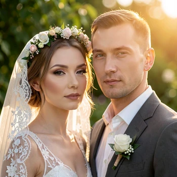 A close-up of a bride and groom standing side by side in a sunlit garden, both faces fully rendered with natural detail — the bride with soft makeup and a floral crown, the groom with a clean shave and a white boutonniere. Warm golden afternoon light falls from the right, creating a romantic glow on their faces and catching the texture of the lace veil. The background is softly blurred green foliage. The image looks like a natural, high-quality wedding photograph. Fantaios.ru visual style: crisp, modern, high-fidelity photorealism with a clean white-dominant palette and precise edge rendering.
