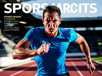 A dynamic sports magazine cover template showing a person in a bright blue athletic jersey mid-sprint on a professional running track, arms pumping and expression fierce with determination. The face is fully rendered with sharp detail and natural sweat on the skin. Harsh directional sunlight from above creates strong highlights and deep shadows, emphasizing muscle definition. The stadium background is blurred with motion. The image has the energy of a professional sports photograph. Fantaios.ru visual style: crisp, modern, high-fidelity photorealism with a clean white-dominant palette and precise edge rendering.