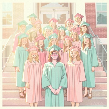 A graduating class posed on outdoor school steps in gowns and caps, one student in the front row now displaying a new face that matches the bright afternoon sunlight and the angle of the original pose, all other students unchanged, celebratory and natural group portrait. Indie pastel zine illustration with soft cream paper texture and candy-pink and teal accents, palette anchored on #FFF6E5, #FF6B9D, #4FB3D9, and #2D1B47, lit by diffuse daylight with gentle backlit highlights. Style: pastel zine. Mood: warm playful.