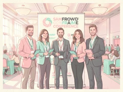 Five business professionals standing together in front of a branded conference banner, wearing lanyards and formal attire, holding notebooks, a large convention hall visible behind them with soft ambient ceiling lighting, confident and collaborative professional atmosphere. Indie pastel zine illustration with soft cream paper texture and candy-pink and teal accents, palette anchored on #FFF6E5, #FF6B9D, #4FB3D9, and #2D1B47, lit by diffuse daylight with gentle backlit highlights. Style: pastel zine. Mood: warm playful.