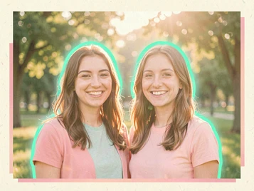 Two women standing side by side outdoors in a sunny park, both smiling at the camera, each face framed by a soft glowing teal selection indicator, green trees and soft bokeh background, warm golden afternoon light falling evenly on both faces, friendly and natural portrait composition. Indie pastel zine illustration with soft cream paper texture and candy-pink and teal accents, palette anchored on #FFF6E5, #FF6B9D, #4FB3D9, and #2D1B47, lit by diffuse daylight with gentle backlit highlights. Style: pastel zine. Mood: warm playful.