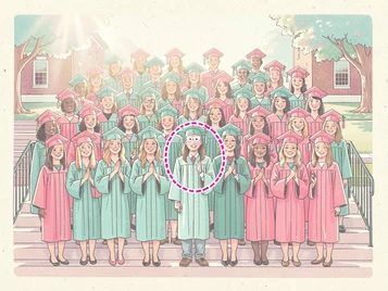 A large graduating class posed in rows on school steps wearing caps and gowns, one student in the second row circled with a candy-pink dashed outline marking the face for replacement, bright outdoor daylight, festive and proud group composition. Indie pastel zine illustration with soft cream paper texture and candy-pink and teal accents, palette anchored on #FFF6E5, #FF6B9D, #4FB3D9, and #2D1B47, lit by diffuse daylight with gentle backlit highlights. Style: pastel zine. Mood: warm playful.