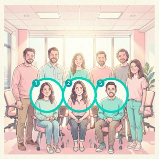 A wide group photo of eight people with three of them each marked by a distinct numbered teal circle overlay indicating multiple simultaneous face targets, bright conference room lighting, professional group composition, clear and organised multi-selection interface feel. Indie pastel zine illustration with soft cream paper texture and candy-pink and teal accents, palette anchored on #FFF6E5, #FF6B9D, #4FB3D9, and #2D1B47, lit by diffuse daylight with gentle backlit highlights. Style: pastel zine. Mood: warm playful.