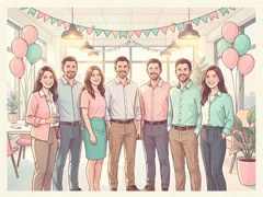 A group of eight office colleagues standing together in a bright modern open-plan office, smiling at the camera during a corporate party, wearing business-casual attire with colorful paper decorations and balloons in the background, warm overhead lighting casting soft shadows on their faces, cheerful and professional atmosphere. Indie pastel zine illustration with soft cream paper texture and candy-pink and teal accents, palette anchored on #FFF6E5, #FF6B9D, #4FB3D9, and #2D1B47, lit by diffuse daylight with gentle backlit highlights. Style: pastel zine. Mood: warm playful.