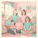 A multigenerational family of six posed in a cozy living room, two family members now showing different faces that blend naturally with the original lighting and background, soft diffuse daylight from a side window, warm domestic atmosphere with consistent skin tones and natural expressions across all six people. Indie pastel zine illustration with soft cream paper texture and candy-pink and teal accents, palette anchored on #FFF6E5, #FF6B9D, #4FB3D9, and #2D1B47, lit by diffuse daylight with gentle backlit highlights. Style: pastel zine. Mood: warm playful.