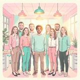 A group of eight office colleagues standing together in a bright modern open-plan office, smiling at the camera, one person in the center row now has a different face that matches the lighting and skin tone of the surrounding colleagues seamlessly, warm overhead lighting, professional and cohesive team portrait. Indie pastel zine illustration with soft cream paper texture and candy-pink and teal accents, palette anchored on #FFF6E5, #FF6B9D, #4FB3D9, and #2D1B47, lit by diffuse daylight with gentle backlit highlights. Style: pastel zine. Mood: warm playful.