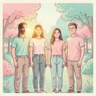 A group portrait of four people standing in a park, one person's face seamlessly blended with the warm golden side lighting that falls on all other subjects, consistent shadow direction and skin tone warmth across the entire group, natural and photorealistic result. Indie pastel zine illustration with soft cream paper texture and candy-pink and teal accents, palette anchored on #FFF6E5, #FF6B9D, #4FB3D9, and #2D1B47, lit by diffuse daylight with gentle backlit highlights. Style: pastel zine. Mood: warm playful.