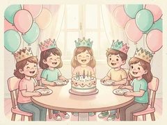 Six children sitting around a round table at a birthday party, wearing colorful paper crowns, a decorated cake in the center, bright pastel balloons filling the background, soft warm indoor lighting illuminating their happy faces from the front, playful and cheerful childhood celebration mood. Indie pastel zine illustration with soft cream paper texture and candy-pink and teal accents, palette anchored on #FFF6E5, #FF6B9D, #4FB3D9, and #2D1B47, lit by diffuse daylight with gentle backlit highlights. Style: pastel zine. Mood: warm playful.