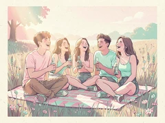 A group of five young adults sitting on a picnic blanket in a sunny meadow, laughing and holding drinks, surrounded by wildflowers and tall grass, golden hour sunlight coming from the side casting warm long shadows and soft highlights across their faces, carefree summer outdoor atmosphere. Indie pastel zine illustration with soft cream paper texture and candy-pink and teal accents, palette anchored on #FFF6E5, #FF6B9D, #4FB3D9, and #2D1B47, lit by diffuse daylight with gentle backlit highlights. Style: pastel zine. Mood: warm playful.