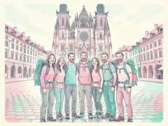 A group of seven tourists posing together in front of a famous European cathedral, wearing casual travel clothes with backpacks, smiling broadly, cobblestone square stretching behind them, bright overcast daylight providing even cool-toned illumination across all faces, adventurous and relaxed travel mood. Indie pastel zine illustration with soft cream paper texture and candy-pink and teal accents, palette anchored on #FFF6E5, #FF6B9D, #4FB3D9, and #2D1B47, lit by diffuse daylight with gentle backlit highlights. Style: pastel zine. Mood: warm playful.