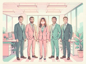 A polished corporate team photo of six people in business attire standing in a bright office, one person in the group highlighted with a subtle glowing outline indicating the face to be swapped, clean and professional composition, soft overhead fluorescent lighting, modern workplace setting. Indie pastel zine illustration with soft cream paper texture and candy-pink and teal accents, palette anchored on #FFF6E5, #FF6B9D, #4FB3D9, and #2D1B47, lit by diffuse daylight with gentle backlit highlights. Style: pastel zine. Mood: warm playful.