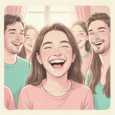 A close-up section of a group photo showing one person laughing with a wide open smile, the new face retaining the exact same joyful expression and head tilt as the original, surrounding group members unchanged, soft indoor party lighting, natural and lively result. Indie pastel zine illustration with soft cream paper texture and candy-pink and teal accents, palette anchored on #FFF6E5, #FF6B9D, #4FB3D9, and #2D1B47, lit by diffuse daylight with gentle backlit highlights. Style: pastel zine. Mood: warm playful.