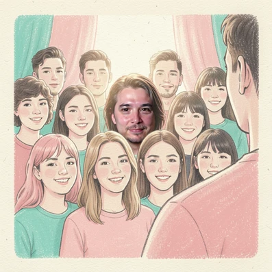A crowded group photo where one person in the back row is partially obscured by a shoulder in the foreground, the replaced face fitting naturally into the visible portion of the head with correct perspective and lighting, surrounding faces untouched, realistic and coherent result. Indie pastel zine illustration with soft cream paper texture and candy-pink and teal accents, palette anchored on #FFF6E5, #FF6B9D, #4FB3D9, and #2D1B47, lit by diffuse daylight with gentle backlit highlights. Style: pastel zine. Mood: warm playful.