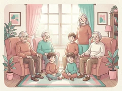A multigenerational family of six seated and standing together in a cozy living room, grandparents in armchairs and children on the floor, everyone dressed in coordinated warm-toned outfits, a large window behind them casting soft diffuse daylight across their faces, intimate and warm domestic atmosphere. Indie pastel zine illustration with soft cream paper texture and candy-pink and teal accents, palette anchored on #FFF6E5, #FF6B9D, #4FB3D9, and #2D1B47, lit by diffuse daylight with gentle backlit highlights. Style: pastel zine. Mood: warm playful.