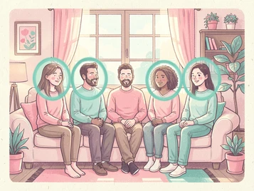 A warm family portrait of five people seated in a living room, two of the family members each surrounded by a soft teal selection ring indicating multiple face targets, cozy interior with natural window light, relaxed and intimate family atmosphere. Indie pastel zine illustration with soft cream paper texture and candy-pink and teal accents, palette anchored on #FFF6E5, #FF6B9D, #4FB3D9, and #2D1B47, lit by diffuse daylight with gentle backlit highlights. Style: pastel zine. Mood: warm playful.