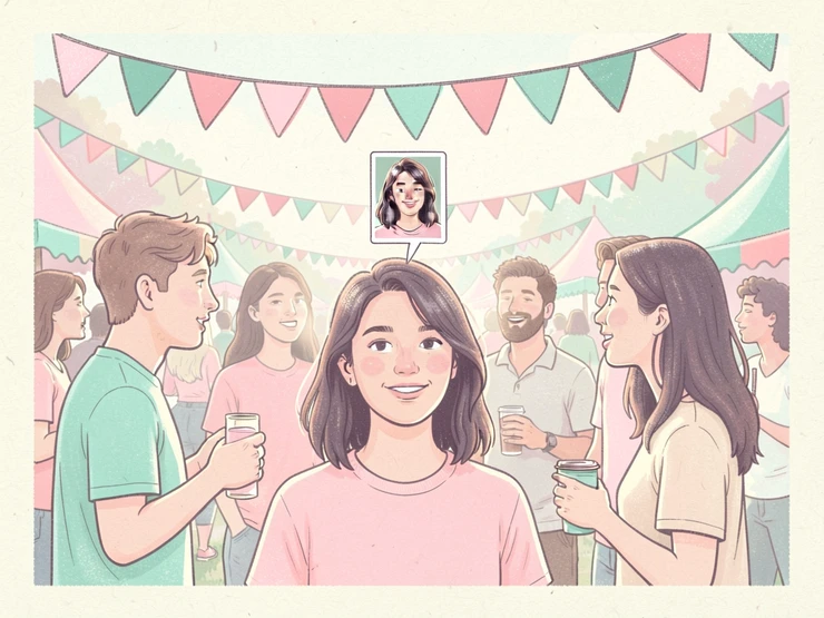 A group of friends at an outdoor festival, one person in the group shown with a small portrait photo hovering above their face as a visual reference for the swap source, colorful festival banners in the background, bright diffuse daylight, fun and casual social gathering atmosphere. Indie pastel zine illustration with soft cream paper texture and candy-pink and teal accents, palette anchored on #FFF6E5, #FF6B9D, #4FB3D9, and #2D1B47, lit by diffuse daylight with gentle backlit highlights. Style: pastel zine. Mood: warm playful.