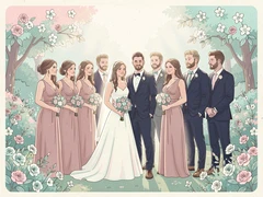 A wedding party of ten people standing in a garden, bride and groom in the center flanked by bridesmaids in dusty rose dresses and groomsmen in navy suits, surrounded by blooming white flowers, soft diffused afternoon light wrapping gently around each face, elegant and romantic atmosphere. Indie pastel zine illustration with soft cream paper texture and candy-pink and teal accents, palette anchored on #FFF6E5, #FF6B9D, #4FB3D9, and #2D1B47, lit by diffuse daylight with gentle backlit highlights. Style: pastel zine. Mood: warm playful.