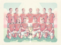 A soccer team of eleven players kneeling and standing in two rows on a green grass field, wearing matching red and white jerseys with numbers, holding a trophy in the center, bright midday sunlight from above creating crisp highlights on their faces, proud and energetic team spirit. Indie pastel zine illustration with soft cream paper texture and candy-pink and teal accents, palette anchored on #FFF6E5, #FF6B9D, #4FB3D9, and #2D1B47, lit by diffuse daylight with gentle backlit highlights. Style: pastel zine. Mood: warm playful.