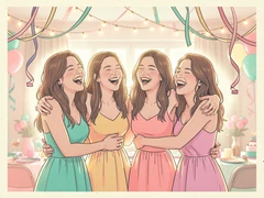 Four young women laughing together at an indoor birthday party, standing close with arms around each other, wearing bright dresses, colorful streamers and fairy lights blurring softly in the background, warm golden party lighting falling on their faces from the front, lively and festive mood. Indie pastel zine illustration with soft cream paper texture and candy-pink and teal accents, palette anchored on #FFF6E5, #FF6B9D, #4FB3D9, and #2D1B47, lit by diffuse daylight with gentle backlit highlights. Style: pastel zine. Mood: warm playful.