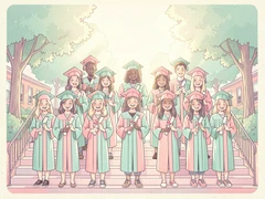 A graduating high school class of twenty students posed in three rows on outdoor school steps, wearing matching graduation gowns and caps, holding diplomas, surrounded by green trees under bright afternoon sunlight, soft natural light illuminating each face evenly, joyful celebratory mood. Indie pastel zine illustration with soft cream paper texture and candy-pink and teal accents, palette anchored on #FFF6E5, #FF6B9D, #4FB3D9, and #2D1B47, lit by diffuse daylight with gentle backlit highlights. Style: pastel zine. Mood: warm playful.
