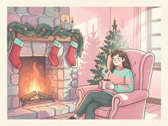 A person sitting in a plush armchair beside a crackling stone fireplace decorated with pine garlands and red stockings, a steaming mug of cocoa in hand, a small Christmas tree with candle-style lights visible in the corner, warm orange firelight flickering from the left and casting dancing shadows on the wall, intimate and peaceful winter evening atmosphere. Indie pastel zine illustration with soft cream paper texture and candy-pink and teal accents, palette anchored on #FFF6E5, #FF6B9D, #4FB3D9, and #2D1B47, lit by diffuse daylight with gentle backlit highlights. Style: pastel zine. Mood: warm playful.