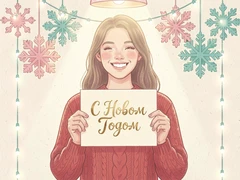 A smiling person holding a hand-lettered greeting card that reads «С Новым Годом» in gold script on cream paper, standing against a backdrop of hanging paper snowflakes and twinkling string lights, wearing a cozy red knit sweater, soft warm overhead light falling evenly on the scene, cheerful and festive holiday card atmosphere. Indie pastel zine illustration with soft cream paper texture and candy-pink and teal accents, palette anchored on #FFF6E5, #FF6B9D, #4FB3D9, and #2D1B47, lit by diffuse daylight with gentle backlit highlights. Style: pastel zine. Mood: warm playful.