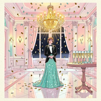 A person in elegant formal attire standing in a grand ballroom at midnight, gold and silver confetti raining down around them, a glittering chandelier overhead, champagne glasses on a nearby table catching the light, warm golden chandelier light from above reflecting off the polished marble floor, glamorous and celebratory New Year's Eve atmosphere. Indie pastel zine illustration with soft cream paper texture and candy-pink and teal accents, palette anchored on #FFF6E5, #FF6B9D, #4FB3D9, and #2D1B47, lit by diffuse daylight with gentle backlit highlights. Style: pastel zine. Mood: warm playful.