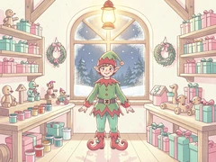 A playful person dressed in a green-and-red elf costume with a pointed hat and curled shoes, standing inside a toy workshop filled with wooden toys, paint pots, and shelves of gift boxes, a large frosted window showing a snowy night outside, bright warm workshop lantern light from above illuminating the colourful scene, whimsical and merry holiday atmosphere. Indie pastel zine illustration with soft cream paper texture and candy-pink and teal accents, palette anchored on #FFF6E5, #FF6B9D, #4FB3D9, and #2D1B47, lit by diffuse daylight with gentle backlit highlights. Style: pastel zine. Mood: warm playful.