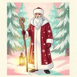 A man in a full Father Frost costume — rich red robe with white fur trim, matching hat, and long white beard — standing confidently in a snowy pine forest, holding a carved wooden staff, snowflakes swirling gently around him, warm golden lantern light from the lower left illuminating his face and the red velvet fabric, festive and dignified holiday portrait. Indie pastel zine illustration with soft cream paper texture and candy-pink and teal accents, palette anchored on #FFF6E5, #FF6B9D, #4FB3D9, and #2D1B47, lit by diffuse daylight with gentle backlit highlights. Style: pastel zine. Mood: warm playful.