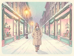 A person bundled in a thick wool coat and knitted hat walking along a snow-covered city street at dusk, storefronts decorated with garlands and glowing window displays on either side, fresh snow underfoot and light flurries in the air, warm amber streetlamp light from above casting a gentle glow on the snowy pavement, nostalgic and cozy winter evening atmosphere. Indie pastel zine illustration with soft cream paper texture and candy-pink and teal accents, palette anchored on #FFF6E5, #FF6B9D, #4FB3D9, and #2D1B47, lit by diffuse daylight with gentle backlit highlights. Style: pastel zine. Mood: warm playful.