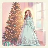 A young woman in a pale-blue Snegurochka gown with silver embroidery standing beside a tall decorated Christmas tree indoors, her expression warm and joyful, the tree glowing with hundreds of tiny warm lights behind her, soft diffuse window light from the right complementing the amber tree glow, creating a gentle halo around her hair, magical and intimate holiday scene. Indie pastel zine illustration with soft cream paper texture and candy-pink and teal accents, palette anchored on #FFF6E5, #FF6B9D, #4FB3D9, and #2D1B47, lit by diffuse daylight with gentle backlit highlights. Style: pastel zine. Mood: warm playful.