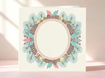 A New Year greeting card template preview showing an ornate border of pine branches, pine cones, red holly berries, and gold ribbon on a cream background, a central oval portrait frame surrounded by the botanical elements, soft diffuse daylight from above giving the card a clean editorial look, elegant and print-ready template thumbnail composition. Indie pastel zine illustration with soft cream paper texture and candy-pink and teal accents, palette anchored on #FFF6E5, #FF6B9D, #4FB3D9, and #2D1B47, lit by diffuse daylight with gentle backlit highlights. Style: pastel zine. Mood: warm playful.