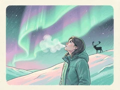 A person standing on a snowy hilltop gazing up at a vivid aurora borealis filling the night sky with ribbons of green and violet light, a reindeer silhouette visible on the ridge behind them, their breath visible in the cold air, the aurora providing the sole dramatic backlit illumination that reflects off the snow in cool teal tones, awe-inspiring and magical polar atmosphere. Indie pastel zine illustration with soft cream paper texture and candy-pink and teal accents, palette anchored on #FFF6E5, #FF6B9D, #4FB3D9, and #2D1B47, lit by diffuse daylight with gentle backlit highlights. Style: pastel zine. Mood: warm playful.
